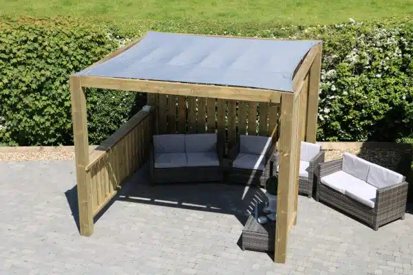 Cube Pergola with cover and furniture inside it