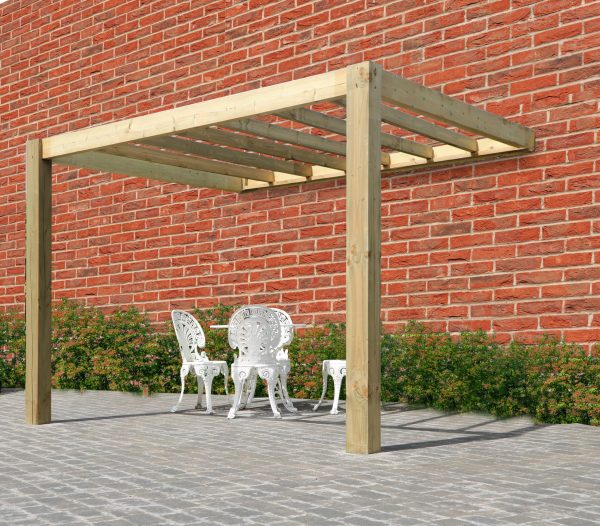 Lean-To Wooden Pergola against a brick wall in the garden