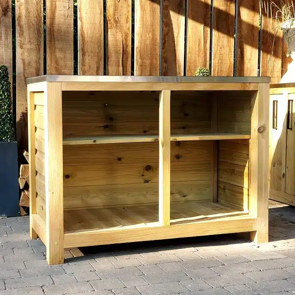Shelved Rustic Unit with Steel Work Surface