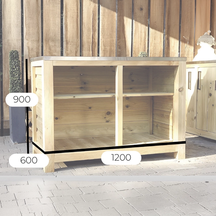 Outdoor Rustic Kitchen Cabinet With Stainless Steel Worktop with no doors - dims