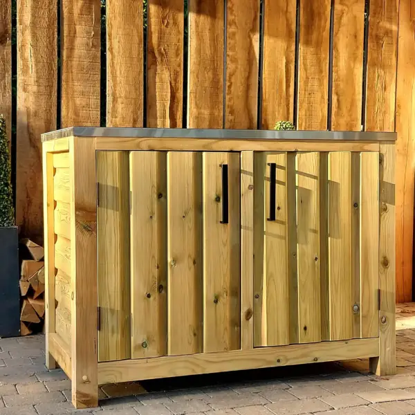 Outdoor Rustic Kitchen Cabinets With Stainless Steel Worktop